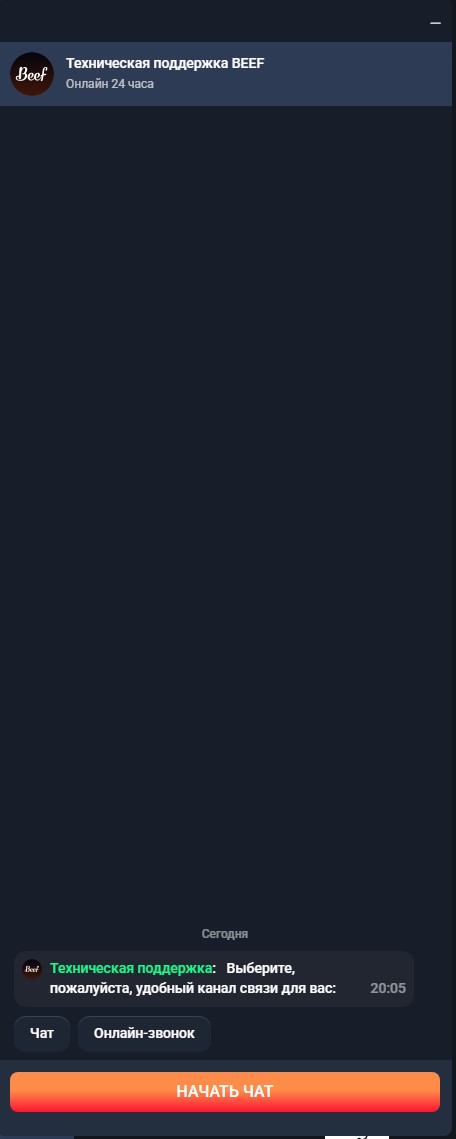 Служба поддержки Beef Casino - интерфейс онлайн-чата с операторами