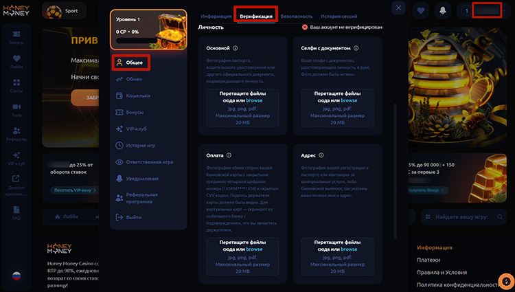 Процесс верификации в Honey Money Casino - интерфейс загрузки документов