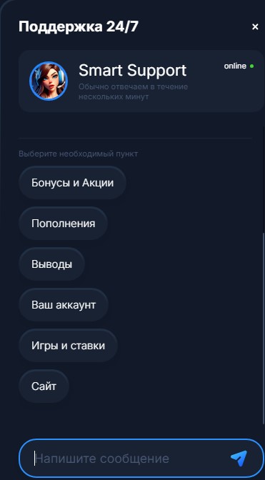 Служба поддержки Vodka Casino - интерфейс онлайн-чата